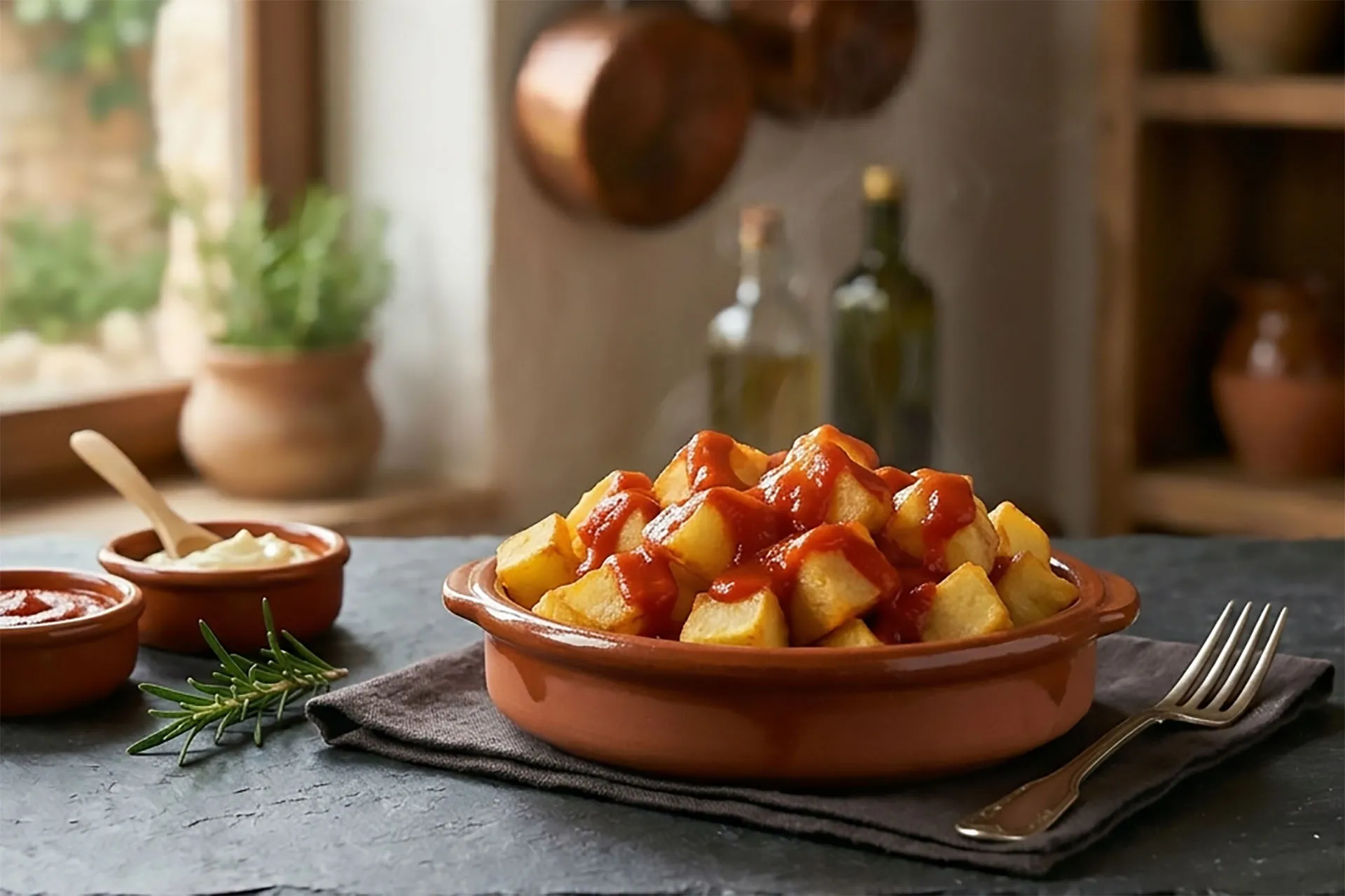 Patatas Bravas in spanischer Tonschale mit roter Brava-Sauce und Aioli