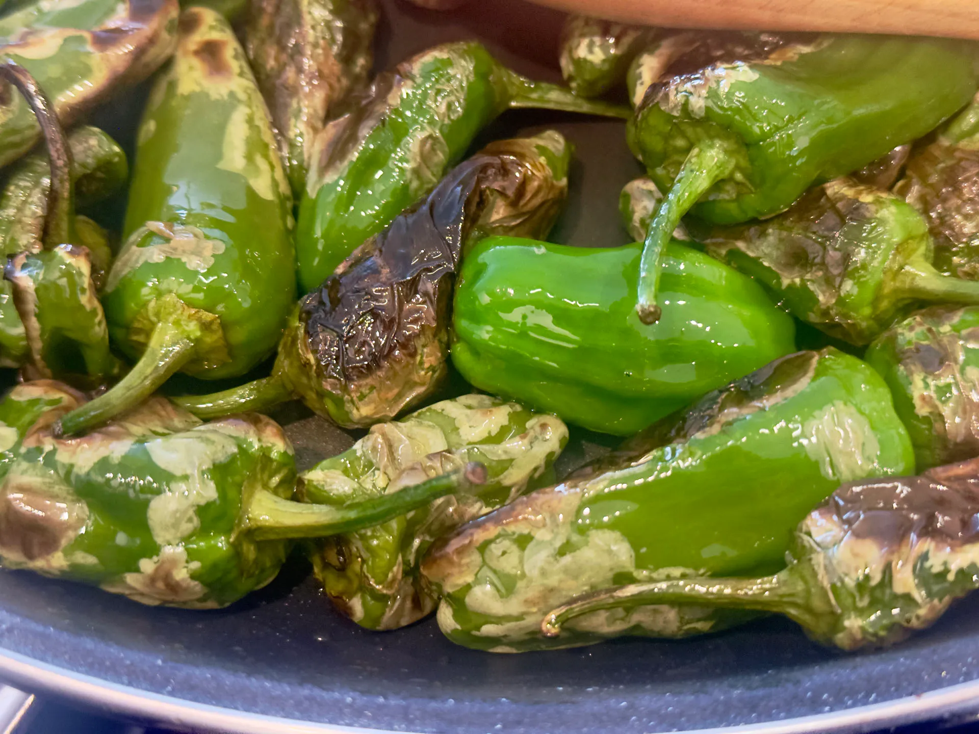 Fertig gebratene Pimientos de Padrón in der Pfanne