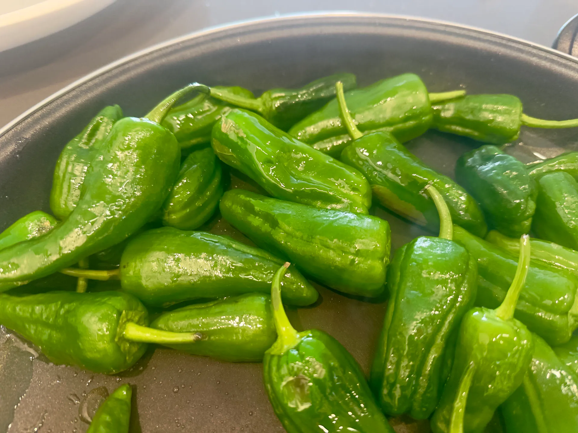 Frische Pimientos de Padrón roh in der Pfanne