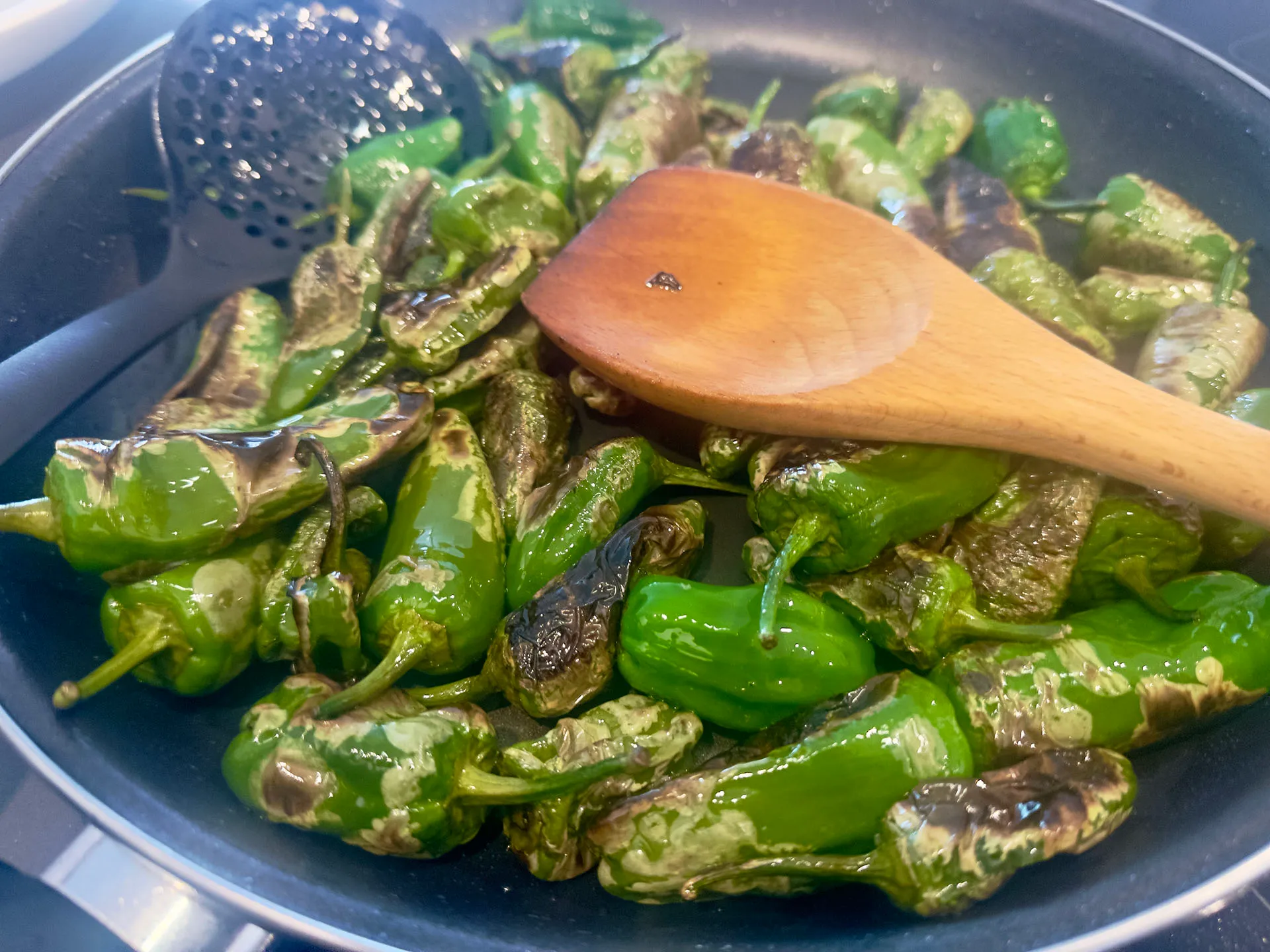 Pimientos de Padrón beim Braten in der Pfanne mit Röststellen