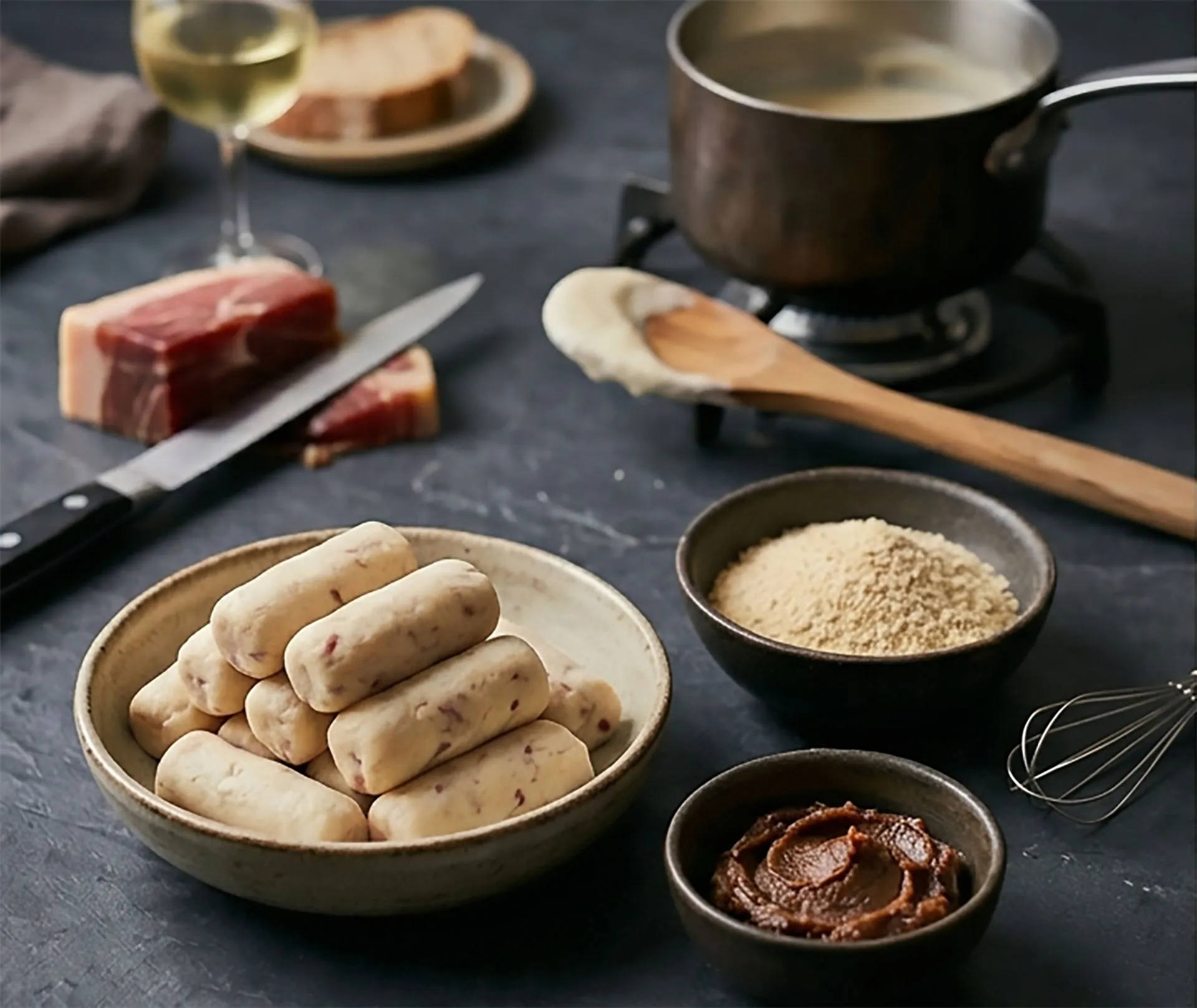 Rohe geformte Croquetas mit Jamón Serrano, Béchamel-Topf und Paniermehl auf dunkler Arbeitsfläche