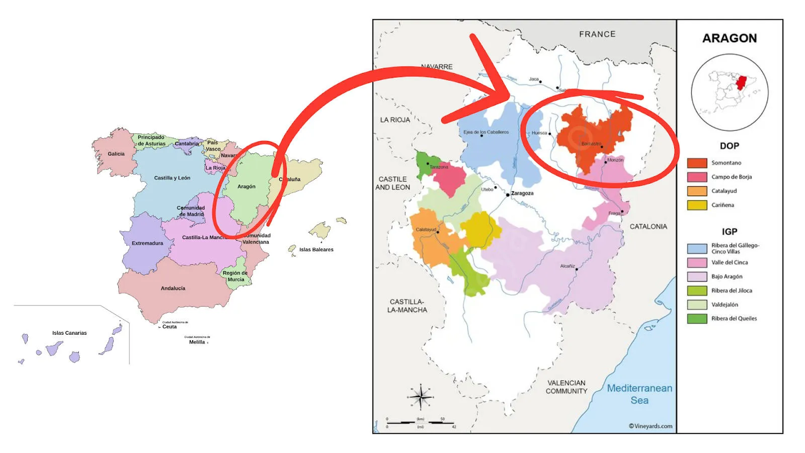 Eine Landkarte, auf der die Wein-Region Somontano eingezeichnet ist.