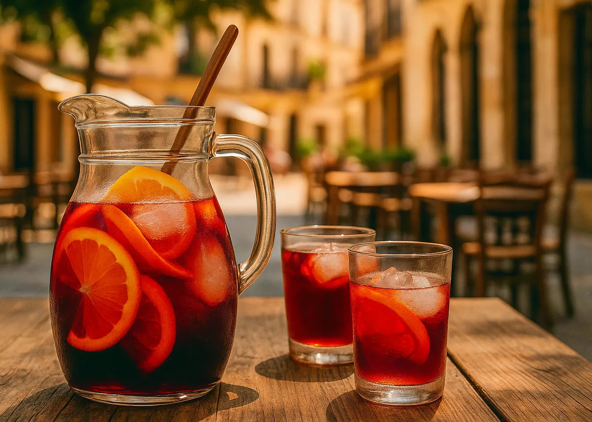 zwei Gläser und eine Karaffe mit Sangria auf einem Tisch