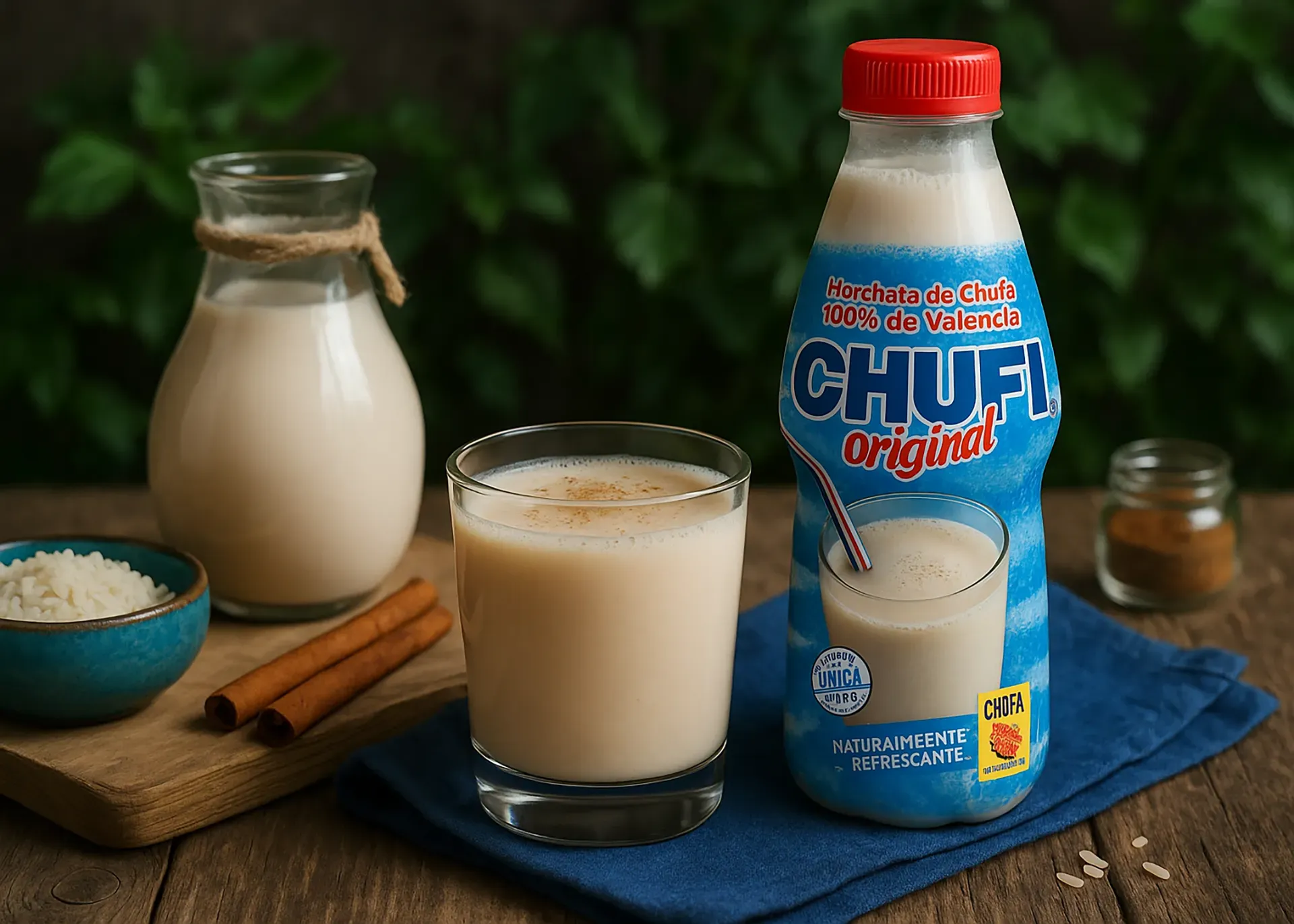 Tisch mit Horcheta de Chufa von Chufi mit einem Glas