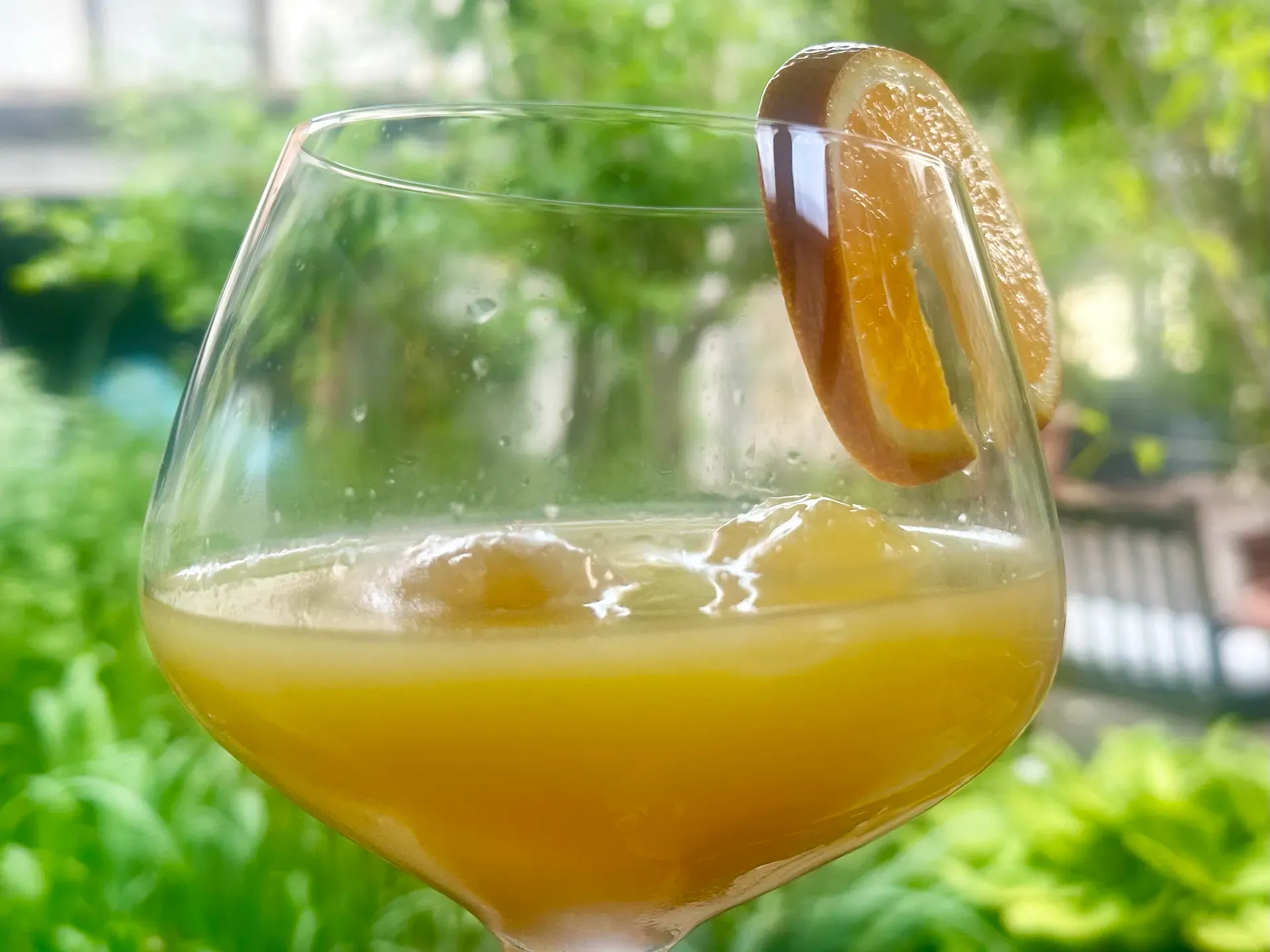Glas mit Orangensaft und Eiswürfeln in einem Garten