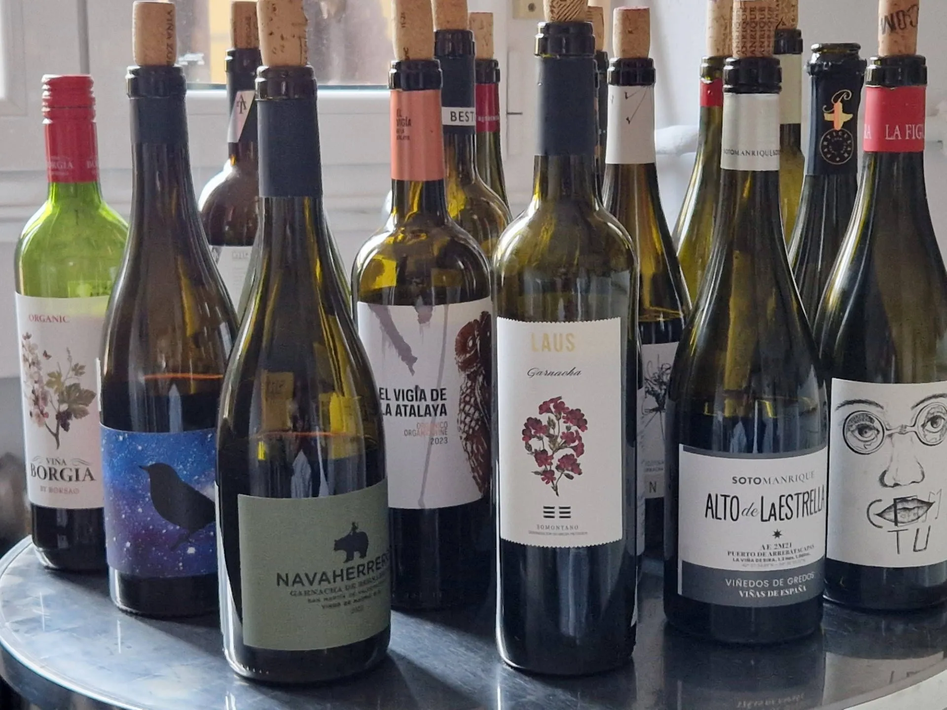 Zahlreiche geöffnete Flaschen Wein auf einem Tisch.