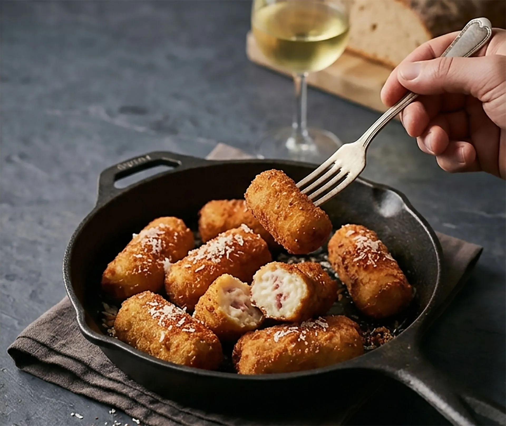 Goldbraune Croquetas de Jamón in gusseiserner Pfanne, eine aufgebrochen mit cremiger Füllung