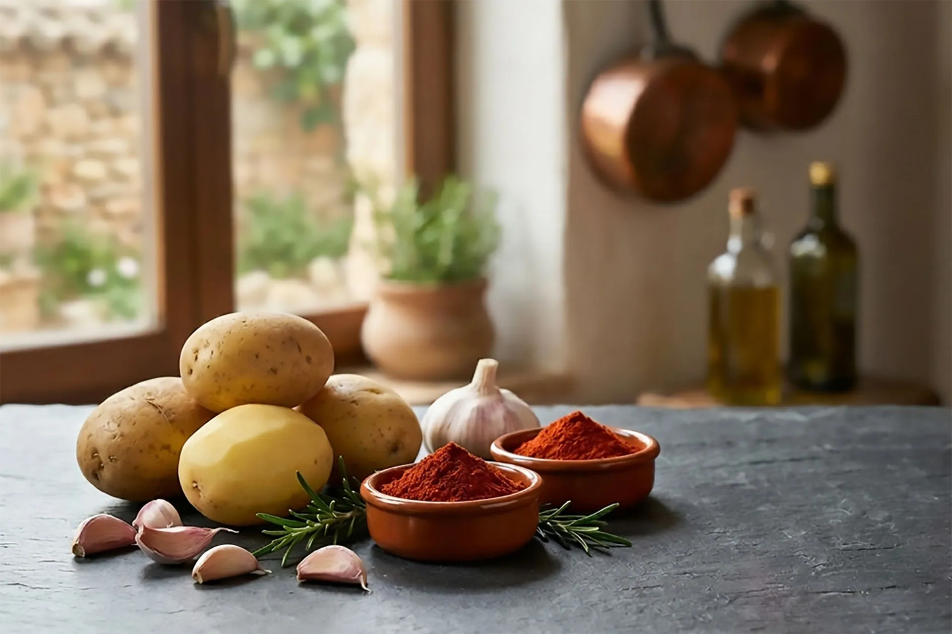 Zutaten für Patatas Bravas: Kartoffeln, Knoblauchzehen und Pimentón de la Vera auf Schieferplatte
