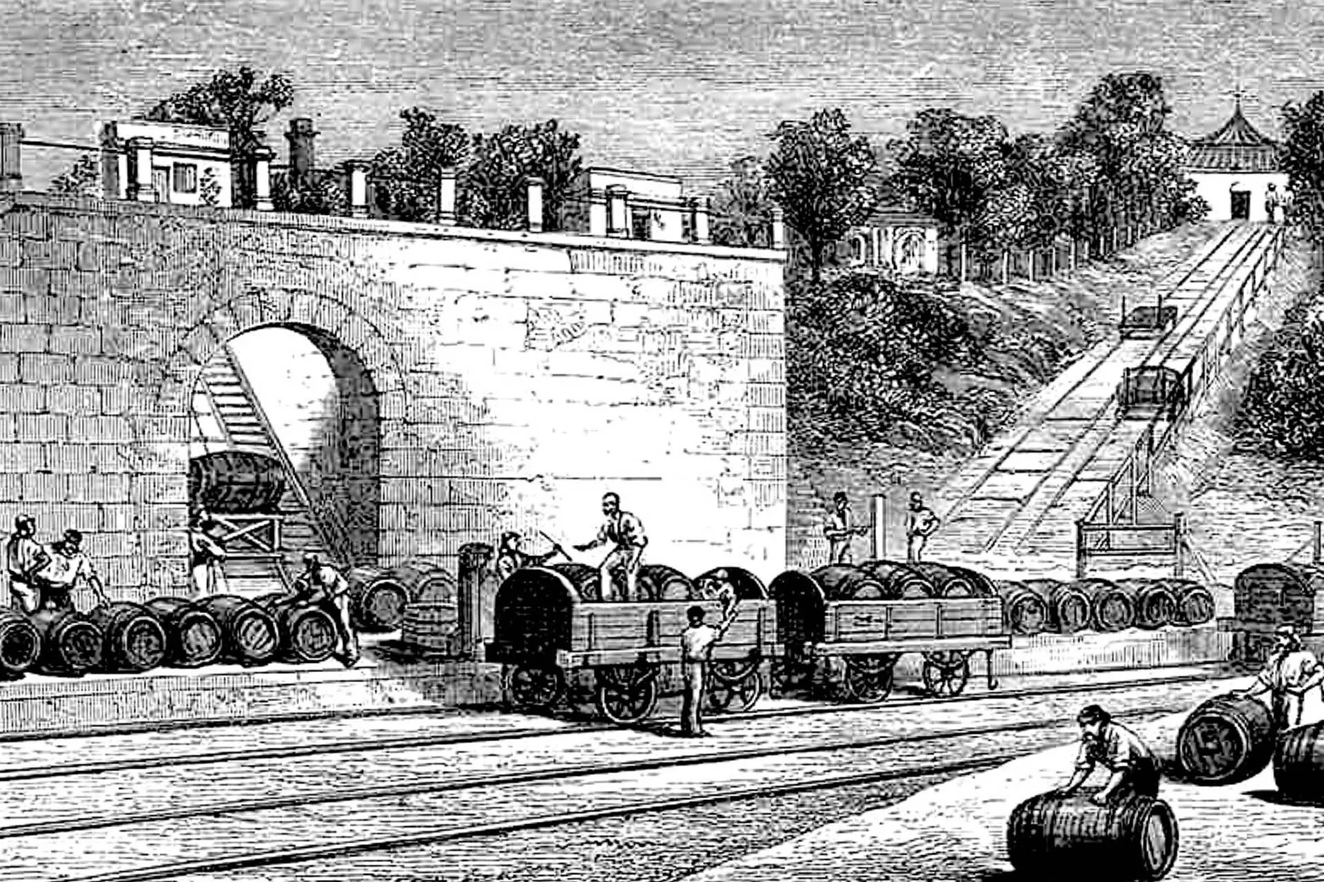 schwarz weiss Stich Verladung von Sherry-Fällsern