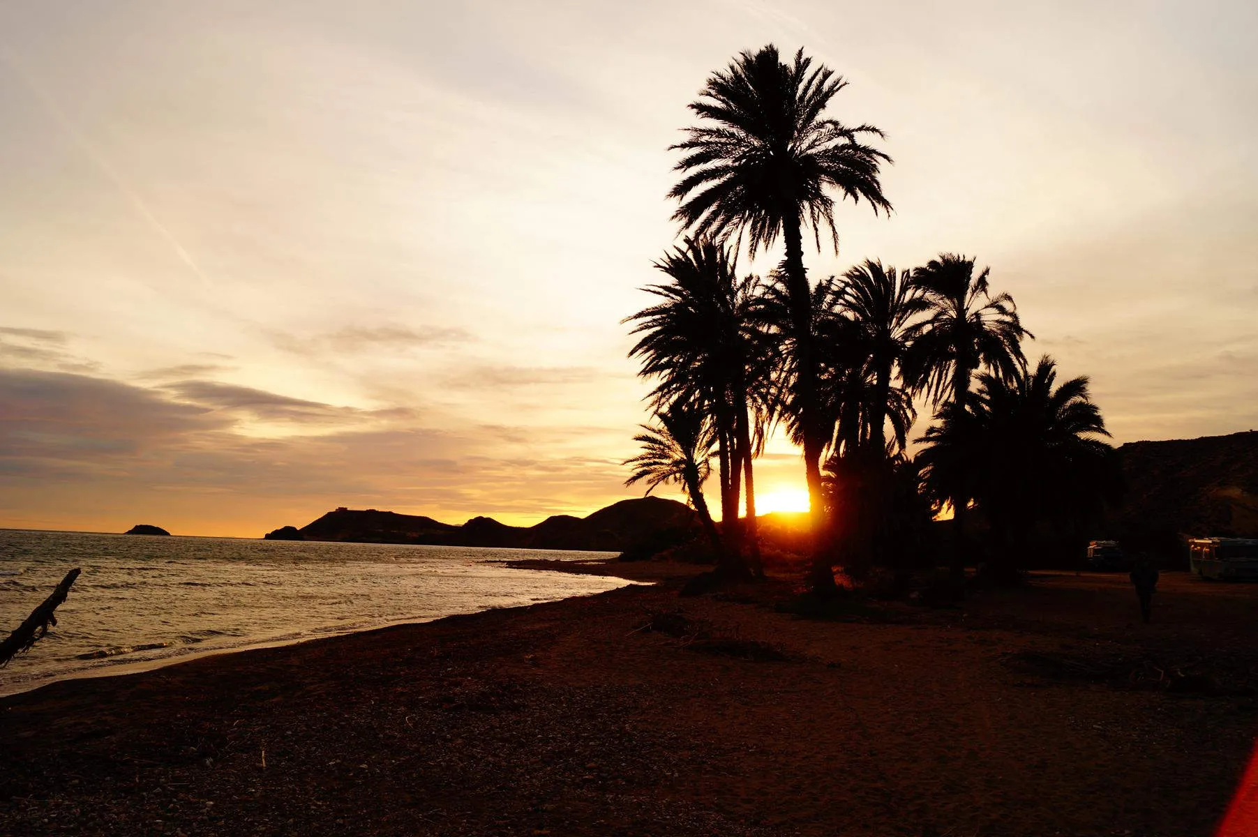 Sonnenuntergang am Strand in Murcia mit Palmen