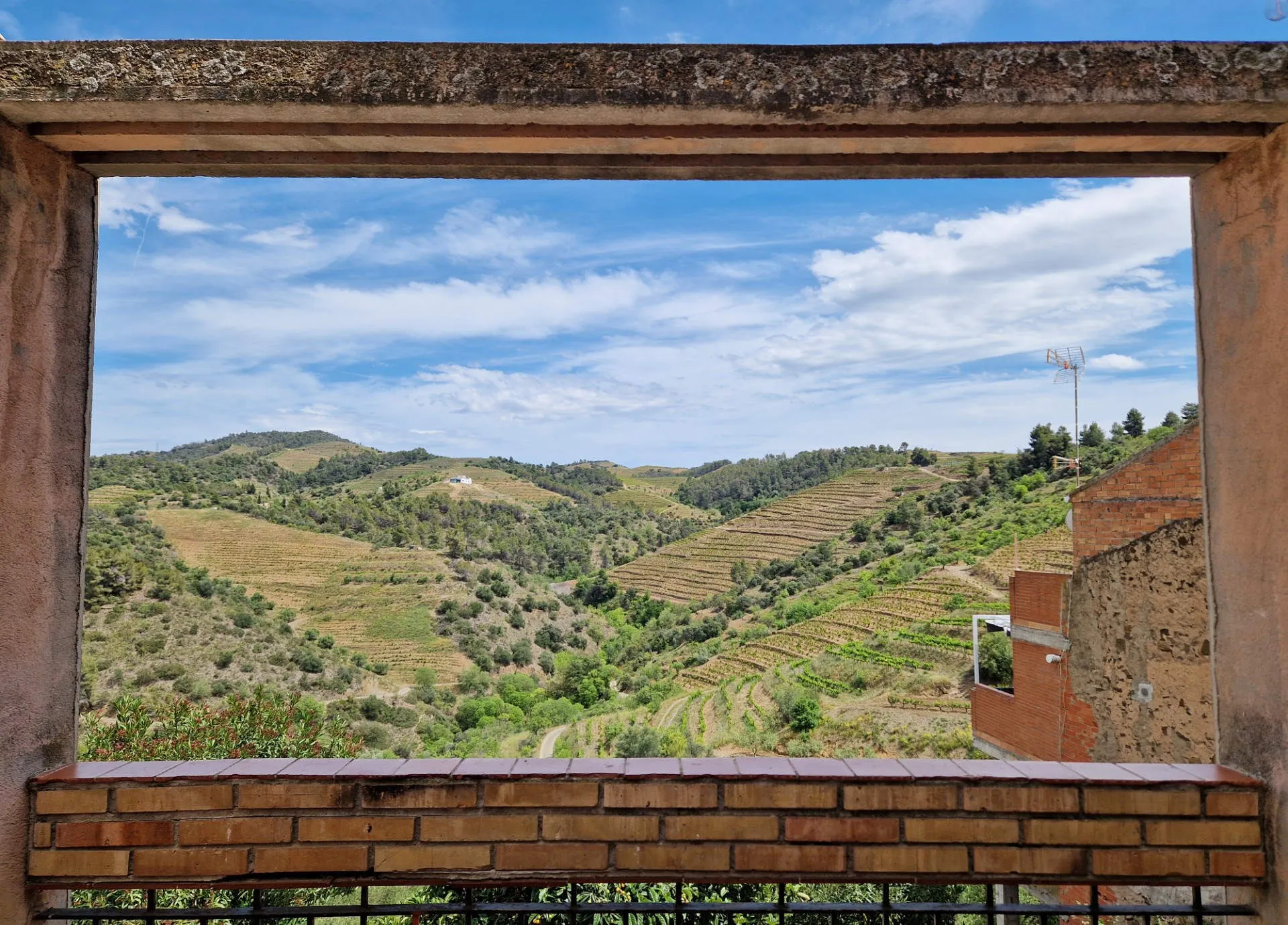 Blick durch ein Fenster auf Hügel und Weinberge