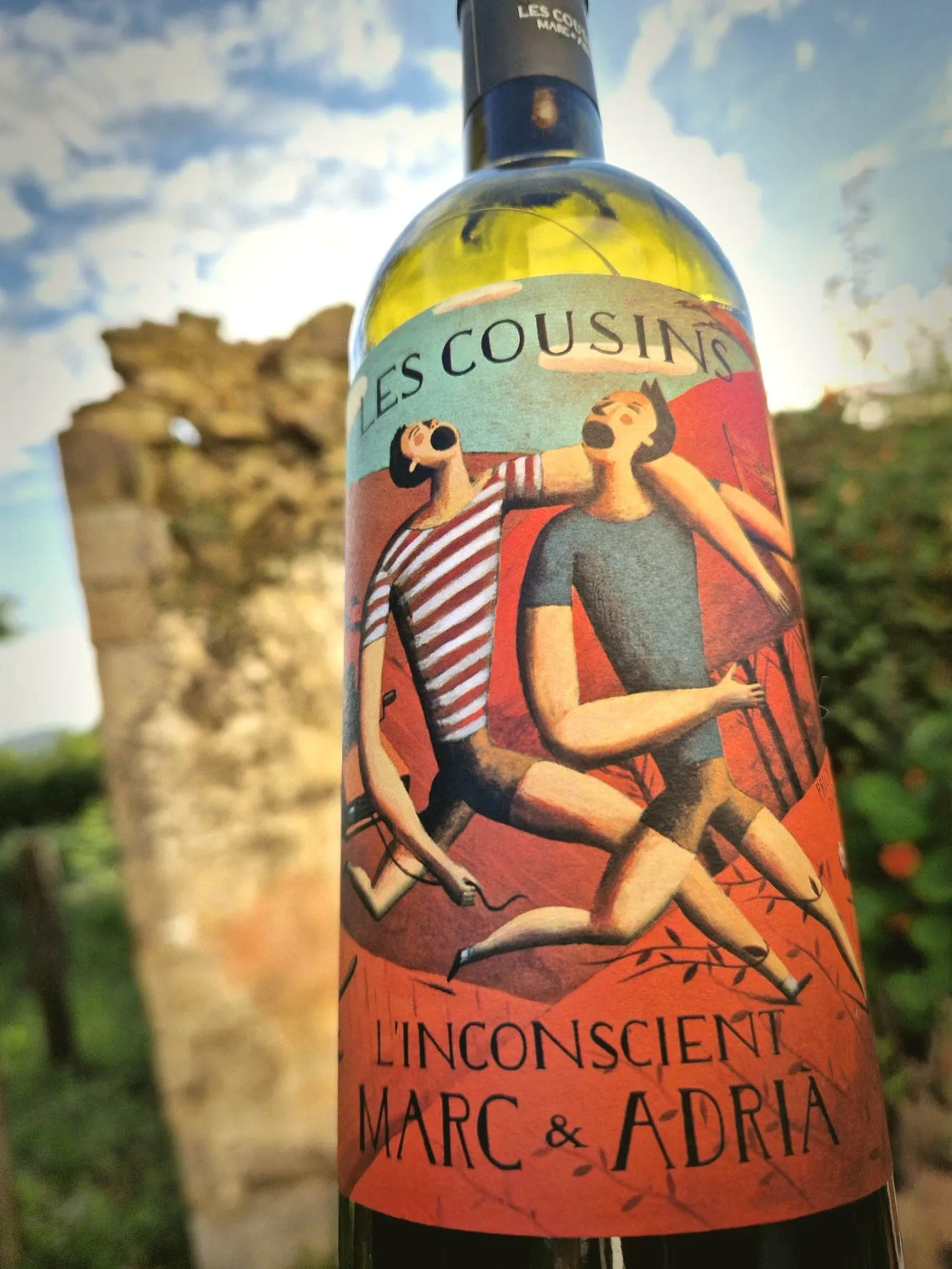 Eine Flasche Rotwein vor einer Ruine