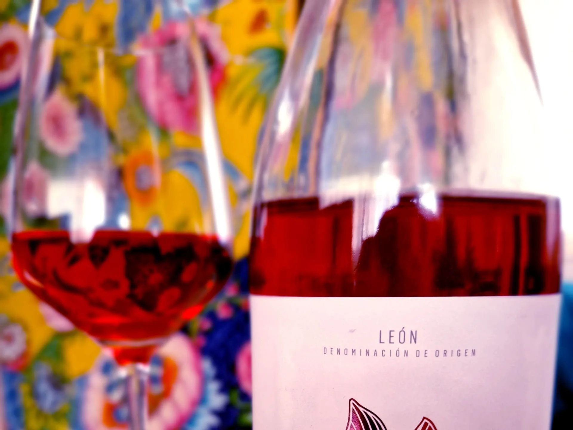 Flasche Rosé und Glas vor Tapete