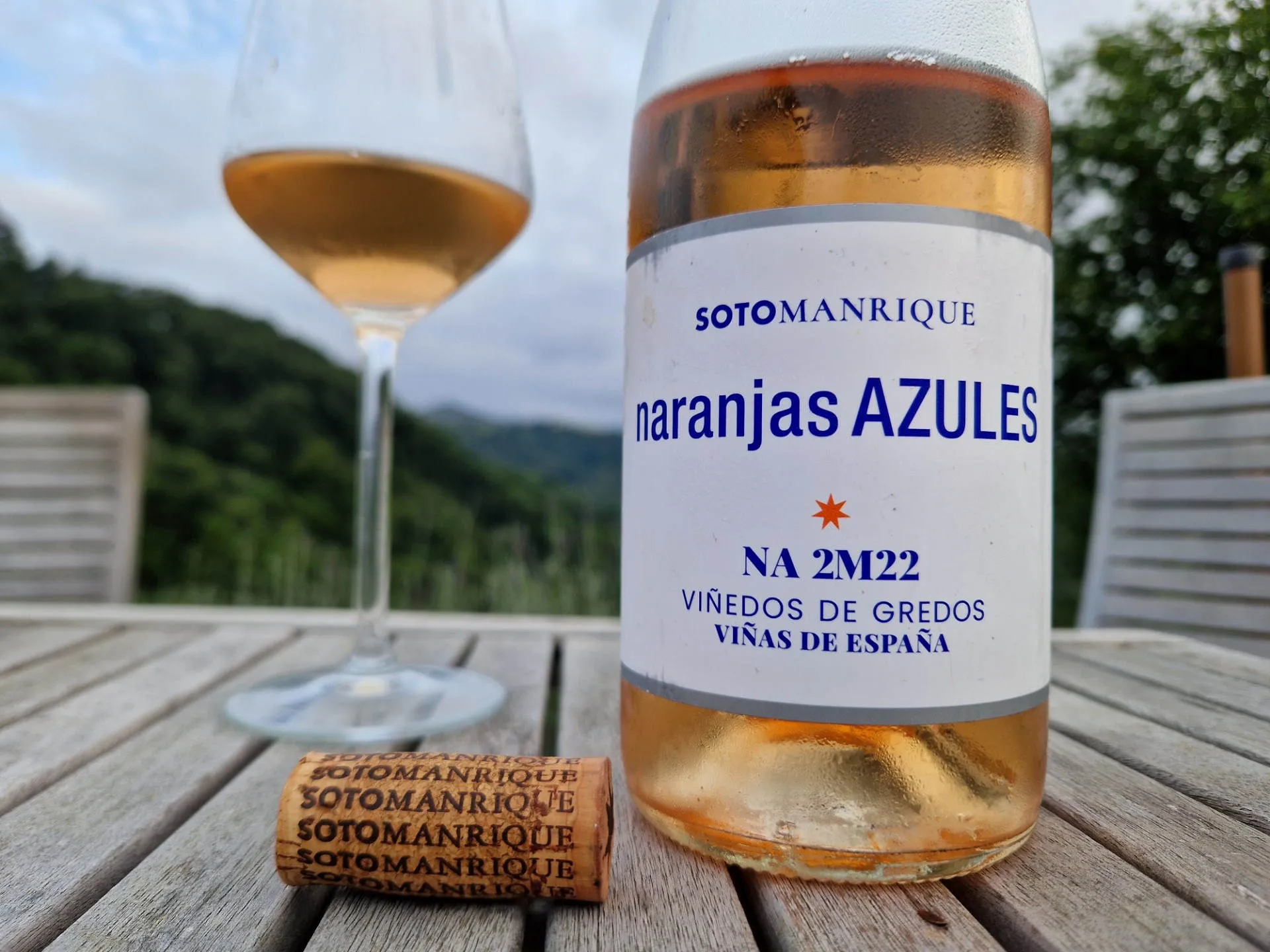 Roséwein auf einem Holztisch im Garten