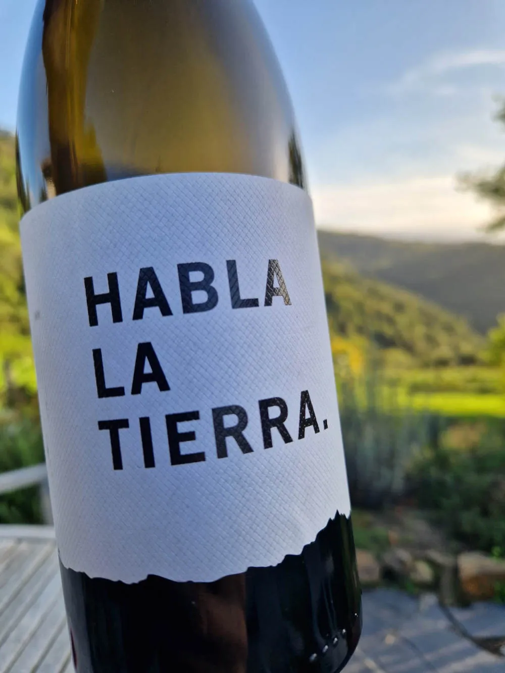 eine Flasche Wein auf einer Terrasse