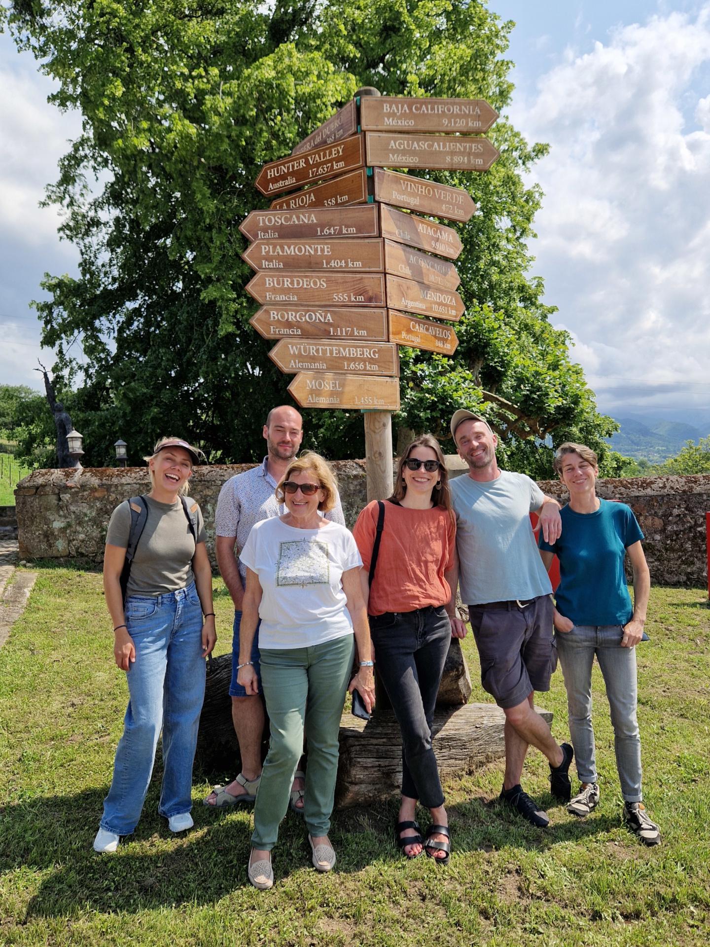 Sechs Personen stehen unter einem Wanderwegweiser